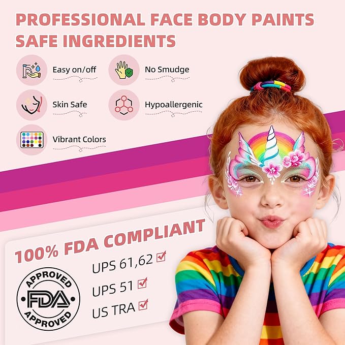WUO Professional Face Painting Kit for Kids Adults, 12x10g Split Cake Palette with Stencils Sponge, Non-Toxic Water-Activated Rainbow Body Face Paint Makeup for Halloween Christmas & Costume Partie