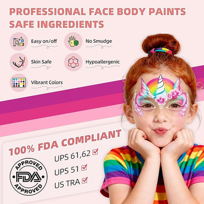 WUO Professional Face Painting Kit for Kids Adults, 12x10g Split Cake Palette with Stencils Sponge, Non-Toxic Water-Activated Rainbow Body Face Paint Makeup for Halloween Christmas & Costume Partie