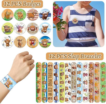 Highland Cow Party Favors Highland Cow Theme Slap Bracelets Key Chains Badges Temporary Tattoo Stickers Gift Bags for Kids Highland Cattle Farm Animal Birthday Party Supplies Baby Shower