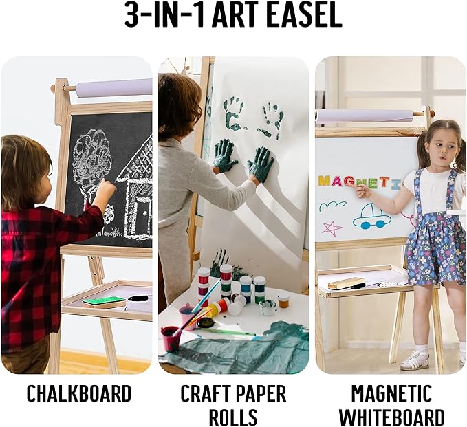 Kraftic Deluxe Standing Art Easel for Kids - Toddler Drawing Chalkboard, Magnetic Whiteboard, Dry Erase Board, Paper Roll and Accessories