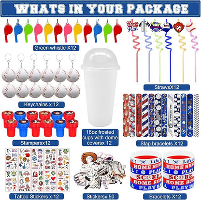 146 Pcs Baseball Party Favors, Sports Party Supplies with Cup Straw Baseballl Keychain Tattoo Sticker Slap Bracelet Whistle Treat Bag Gifts for Classroom Rewards Sports Birthday Party (Baseball)