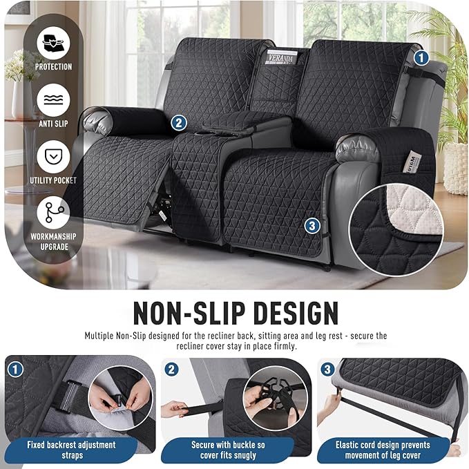 TAOCOCO 100% Waterproof Recliner Cover -Loveseat Recliner Cover with Center Console,Non-Slip Reclining Couch Covers for 2 Seat,with Elastic Straps Pocket for Kids, Dogs, Pets (Black, 2 Seater XL)