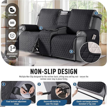 TAOCOCO 100% Waterproof Recliner Cover -Loveseat Recliner Cover with Center Console,Non-Slip Reclining Couch Covers for 2 Seat,with Elastic Straps Pocket for Kids, Dogs, Pets (Black, 2 Seater XL)