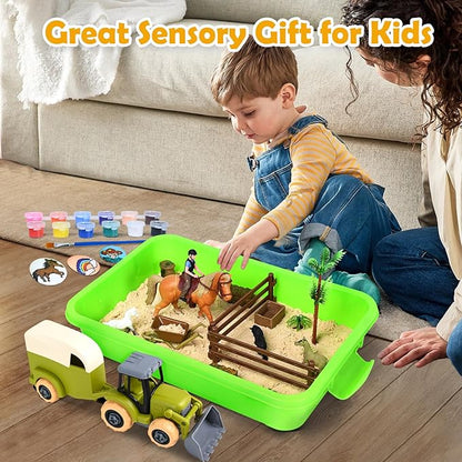 Sensory Bin - Horse Stable Playset Play Sand for Kids,Sandbox with Cover, 1.7 LB Magnetic Sand，Tractor and Stable, Rider and Horse,Rock Painting Kit,Sensory Toys for Autism 3 4 5 6 7 8 Year and Up