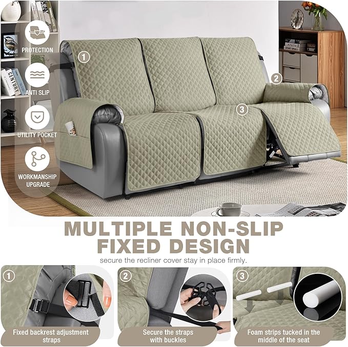 TAOCOCO Waterproof Recliner Couch Covers Sofa Slipcover for 3 Cushion Couch, Pet Sofa Cover for 3 Seat Recliner, Washable Reclining Sofa Cover Furniture Protector with Straps(3 Seater, Sand)
