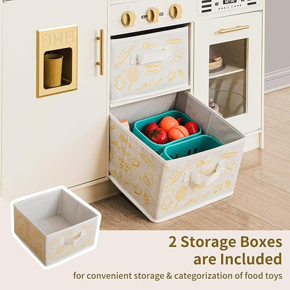 Play Kitchen Sets for Kids Ages 4-8 Pretend Wooden Kids Kitchen Playset Toy Kitchen with Real Sound& Light &Toy Storage System&12 Pcs Toddler Kitchen Accessories, for Boys and Girls,White Gold