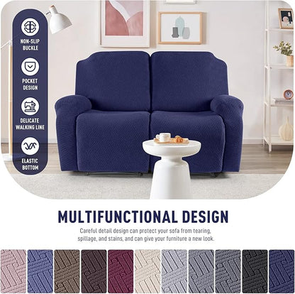 KinCam Recliner Covers, Stretch Reclining Chair Covers, Recliner Sofa Slipcovers Stripe Jacquard Recliner Couch Covers Furniture Protector Covers for Pet Kid (2 Seater, Dark Blue)