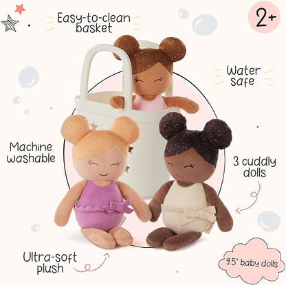 LullaBaby – 3 Pieces Set of Soft Plush Dolls for Real Water Play – Carrying Basket with Cute Star Cutouts – Pretend Play – Tub Toys for Kids 2+ Years– Bath Yoy Bundle