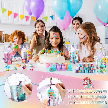 Colarr 161 Pcs Mermaid Party Favor Mermaid School Stationery Set Includes Gift Cup Notebook Pencil Sharpener Eraser Keychain Stamp Slap Bracelet Sticker Card for Mermaid Birthday Supplies