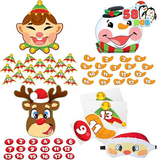 JOYIN 3 Christmas Pin the Tail Games for Christmas Party, Pin the Hat on Elf, Pin the Nose on Reindeer, Pin the Carrot on Snowman Game Pack with Christmas Blindfold. Christmas Party Game and Accessory