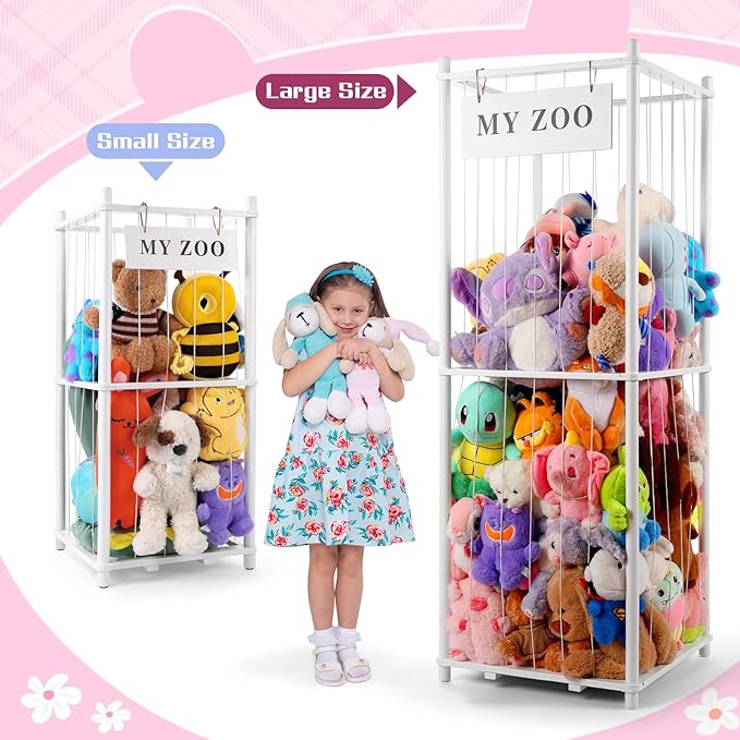 GLDZI Stuffed Animal Storage Zoo, Wooden Stuffed Animal Organizer with Elastic Cords for Boys Girls, Space Saving Toy Plushies Storage Holder for Playroom, Bedroom, Living Room (White, Small)
