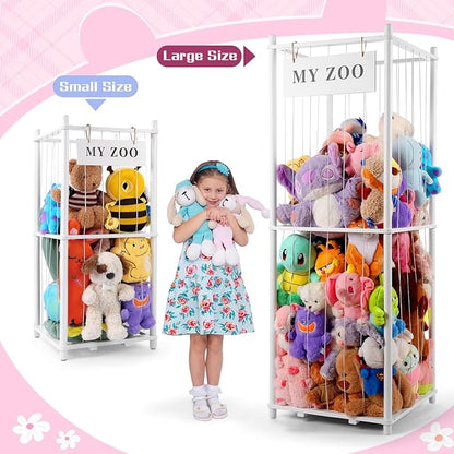 GLDZI Stuffed Animal Storage Zoo, Wooden Stuffed Animal Organizer with Elastic Cords for Boys Girls, Space Saving Toy Plushies Storage Holder for Playroom, Bedroom, Living Room (White, Small)
