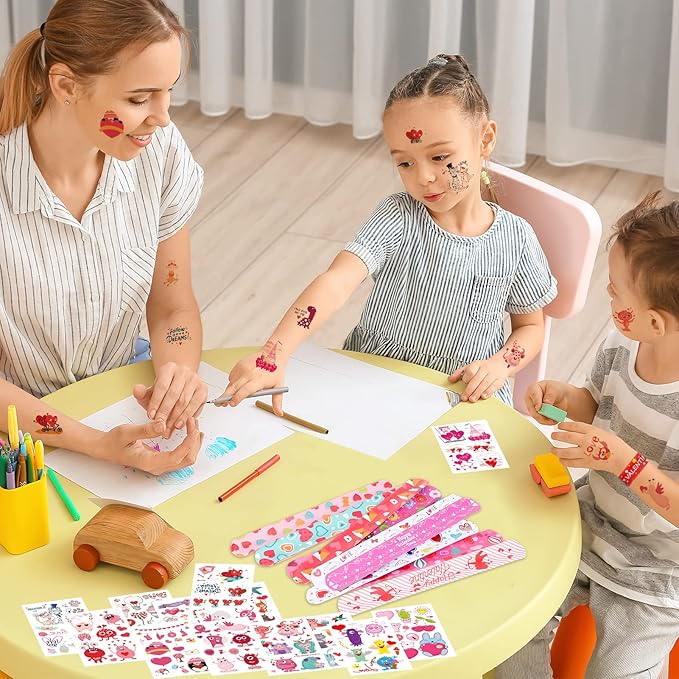 12 Valentines Slap Bracelets Wristbands, 12 Kids Temporary Tattoos Sheet, Heart Donut Monster Friendship,Valentine’s Day Party Favors Supplies, Valentines Gift Classroom Prizes Exchanging