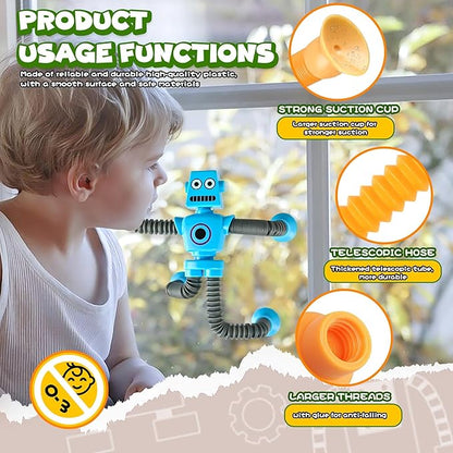 Robot Sensory Travel Toys 4Pcs for Toddlers Kid Boy Year Old Ages 3 4 5 6 7 8 9,Airplane Activities Suction Autism Pop Tube Fidget Toys Autistic Stocking Easter Basket Stuffer Valentine Gift for Kids