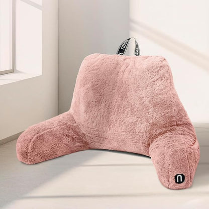 Nestl Fur Reading Pillow, Stylish Back Pillow for Bed Sitting Up, Faux Fur Bed Chair Pillow with Arms, Reading Pillows for Sitting in Bed Adult & Kids, Back Support Pillow for Bed Rest - Peach Beige