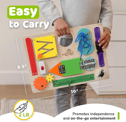 Montessori Busy Board for Toddlers, Wooden Sensory Toddler Busy Board with 10 Preschool Learning Activities for Fine Motor Skills, Activity Kids Travel Toy for Boys & Girls, Packaging May Vary