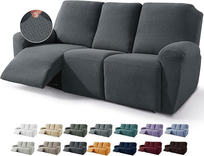 JIVINER 8-Piece Recliner Sofa Cover Stretch Jacquard Reclining Couch Cover for 3 Cushion Recliner Slipcovers 3 Seater Recliner Furniture Covers with Pocket (Sofa Recliner, Dark Gray)