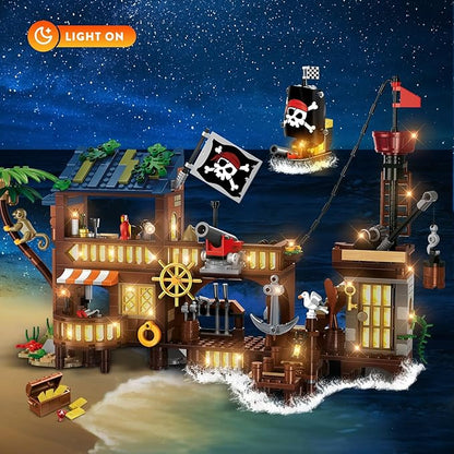 3 Style Pirate Ship Wharf Building Toy with LED Light - 781PCS Medieval Pirate's House Building Block Set, Architecture Bricks Kit for Kids Girls Boys Ages 6-12+ Birthday Gifts