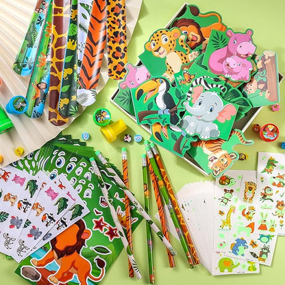 BenLouis 240Pcs Jungle Safari Party Favors Zoo Animals Sticker Stampers Slap Bracelets School Stationery Set Bulk Classroom Prizes for Kids Wild One Party Baby Shower Goodie Bags Fillers