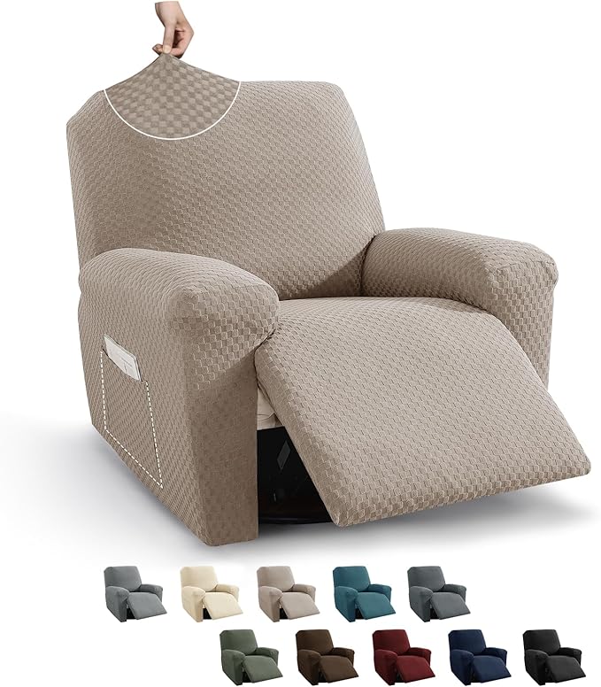 MAXIJIN Recliner Cover Slipcovers for Living Room 4 Pieces Stretch Jacquard Recliner Chair Cover Soft Fitted Recliner Protector with Elastic Bottom for Kids, Pets (Recliner, Khaki)