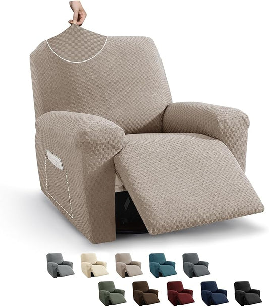 MAXIJIN Recliner Cover Slipcovers for Living Room 4 Pieces Stretch Jacquard Recliner Chair Cover Soft Fitted Recliner Protector with Elastic Bottom for Kids, Pets (Recliner, Khaki)