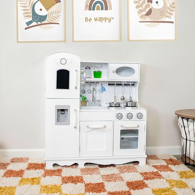 Sunnydaze Chef Sounds Interactive Play Kitchen for Kids - Wooden Kitchen Playset with Lights, Sounds, and Accessories - White