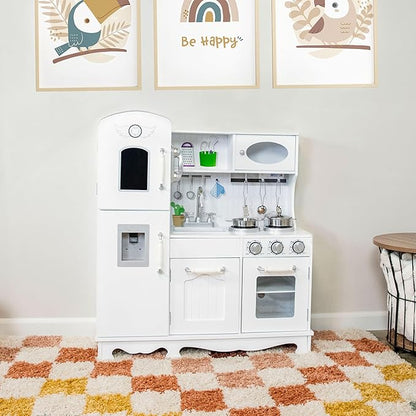 Sunnydaze Chef Sounds Interactive Play Kitchen for Kids - Wooden Kitchen Playset with Lights, Sounds, and Accessories - White