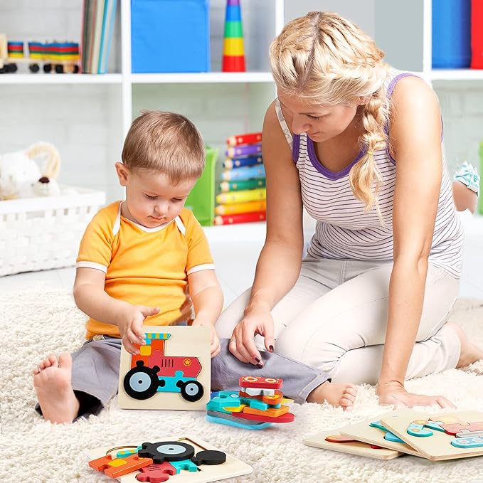 6 Pack Wooden Puzzles for Toddler 1-3 Years Old Wood Jigsaw Puzzles for Boys Montessori Games and Educational Toys for Kids Wooden Toddler Puzzles Present (Vehicle)