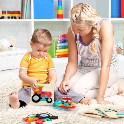 6 Pack Wooden Puzzles for Toddler 1-3 Years Old Wood Jigsaw Puzzles for Boys Montessori Games and Educational Toys for Kids Wooden Toddler Puzzles Present (Vehicle)