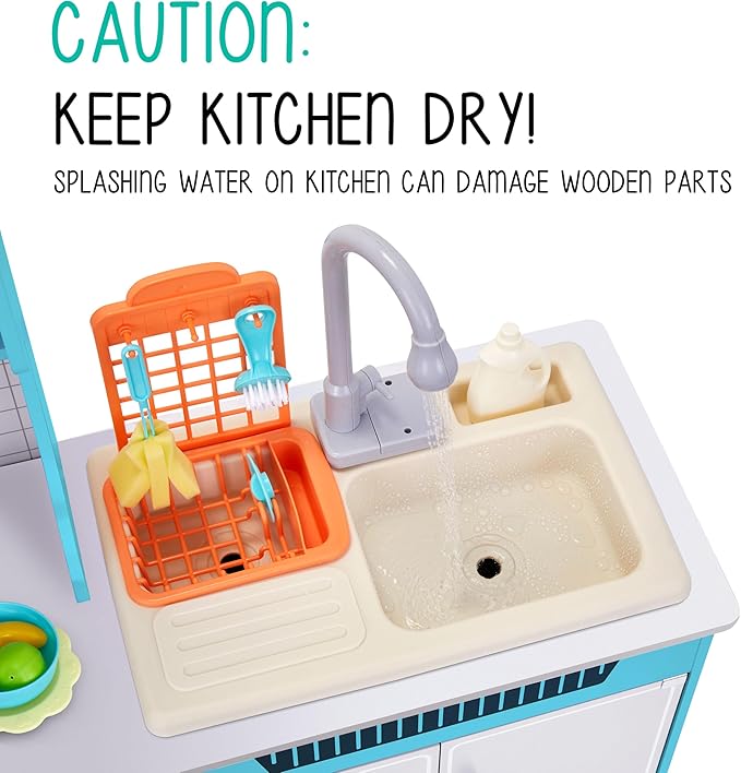 Lil' Jumbl Kids Wooden Blue Color Kitchen Set, Pretend Working Sink with Real Running Water, Includes Range Hood, Microwave & Stove Top That Make Realistic Sound & Light, Full Accessory Set Included