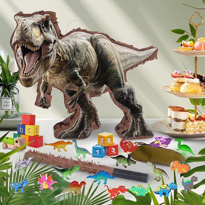 142 Pcs Dinosaur Piñata Party Set - Small Jungle Dinosaur Piñata Set with Blindfold and Bat Include Kids Dinosaur Themed Party Favors for Boys and Girls(Small Size Piñata 14.5”x12.5”x3”)