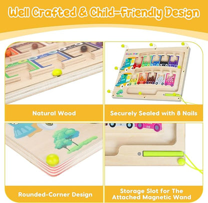 Magnetic Color & Number Maze Montessori Wooden Magnet Puzzle Game Board Montessori Color Matching Learning Counting Puzzle Board Toddler Fine Motor Skills Toys Gift
