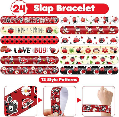 48 PCS Ladybug Party Favors 24PCS Tattoos Sticker 24PCS Slap Bracelets Wristbands Perfect for Themed Birthday Baby Showers or Classroom Rewards Ideal Decor and Gifts for Girls and Boys