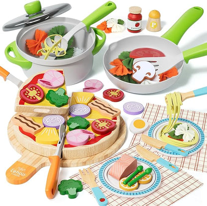 Lehoo Castle Play Food Sets for Kids Kitchen, Wooden Toys Play Kitchen Accessories with Pot and Pan, Pizza Toy Pretend Play for Toddlers 3-5, Realistic Pasta Felt Play Food Set, 3 Year Old Girl Gift