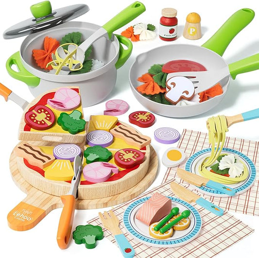 Lehoo Castle Play Food Sets for Kids Kitchen, Wooden Toys Play Kitchen Accessories with Pot and Pan, Pizza Toy Pretend Play for Toddlers 3-5, Realistic Pasta Felt Play Food Set, 3 Year Old Girl Gift