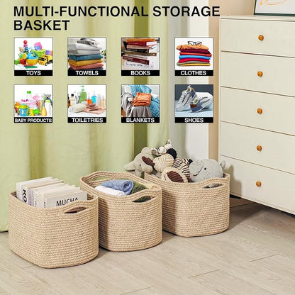 ICERZCZ Decorative Storage Baskets for Organizing Shelves, Toy Basket for Nursery, Woven Cotton Rope Baskets for Decor, Towel Basket for Bathroom, 15"x11"x9.5", 3 Packs, Brown