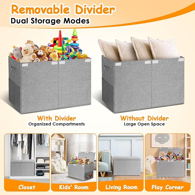 Large Toy Storage Box with Lid Upgraded Toy Chest Organizer with Removable PP Divider Foldable Toy Bin for Kids Boys Girls Linen Fabric Toy Box for Playroom Nursery Bedroom (25"x13"x16")