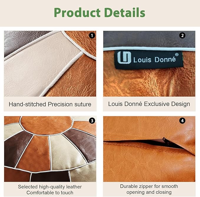 Louis Donné Unstuffed Pouf Ottoman Cover, Faux Leather Foot Stool for Foot Rest, Moroccan Style Pouffe Ottomans, 21" Round Handmade Small Bean Bag Covers for Storage, Footstools for Living Room