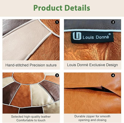 Louis Donné Unstuffed Pouf Ottoman Cover, Faux Leather Foot Stool for Foot Rest, Moroccan Style Pouffe Ottomans, 21" Round Handmade Small Bean Bag Covers for Storage, Footstools for Living Room