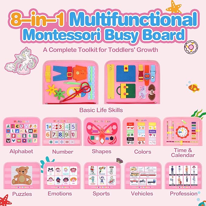 GONINO Toddler Busy Board Montessori Toys for 1-3 Year Old Girls, Sensory Busy Book for Toddlers 1-3, Learning Activities for Fine Motor Skills, Travel Toys for Airplane Car, Gifts for 1 Year Old Girl