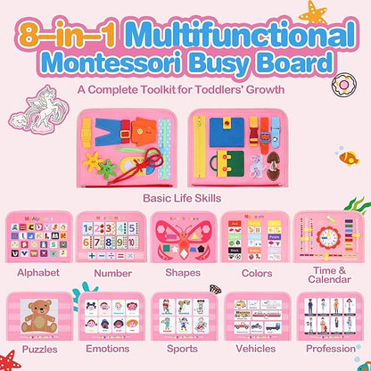 GONINO Toddler Busy Board Montessori Toys for 1-3 Year Old Girls, Sensory Busy Book for Toddlers 1-3, Learning Activities for Fine Motor Skills, Travel Toys for Airplane Car, Gifts for 1 Year Old Girl