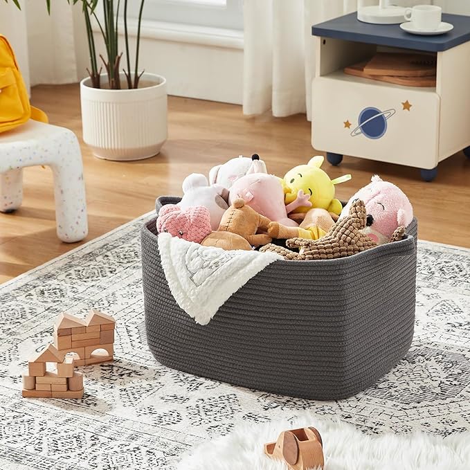 OIASKET Large Toy Basket, Rectangle Woven Rope Storage Basket for Blankets, Dirty Clothes, Shoes, Nursery Organizer Bins (Dark Grey)