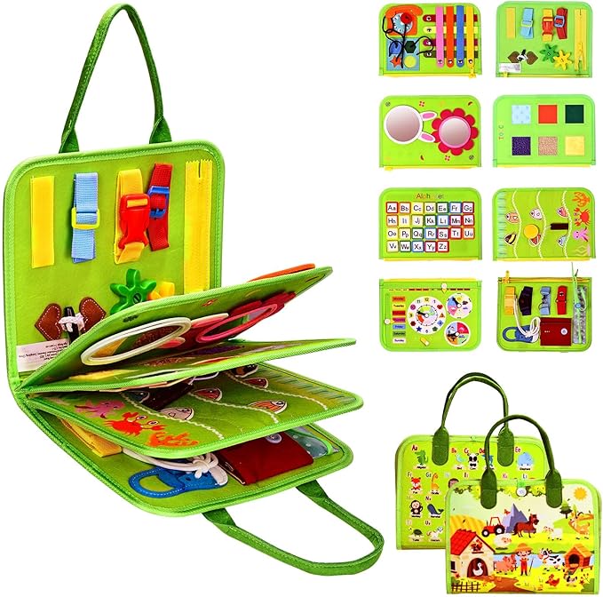 JHkim Busy Board Montessori Toys for Toddlers 1-3, Birthday Gifts for 1 2 3 4 Year Old Boy Girl, Autism Sensory Travel Toy, Educational Activity Busy Book Board, Learning Fine Motor Skills Toys, Green