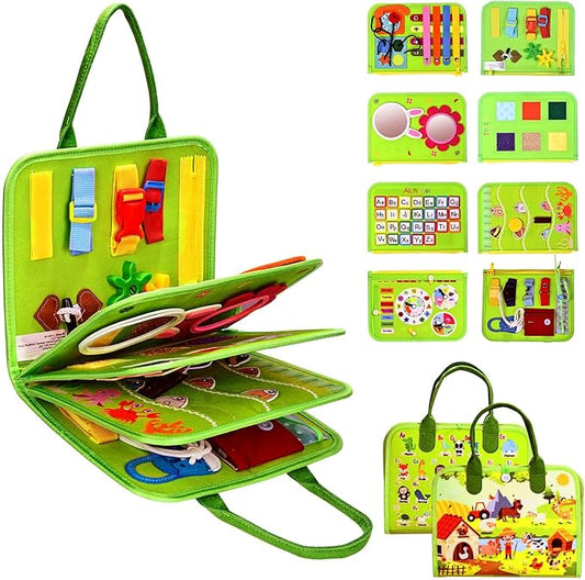 JHkim Busy Board Montessori Toys for Toddlers 1-3, Birthday Gifts for 1 2 3 4 Year Old Boy Girl, Autism Sensory Travel Toy, Educational Activity Busy Book Board, Learning Fine Motor Skills Toys, Green