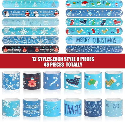 CCINEE 48Pcs Christmas Slap Bracelets，Xmas Snowflake Slap Wristbands Assorted Christmas Theme Pattern Snap Wristbands for Kids Christmas Frozen Party Favors Gift Bag Filler