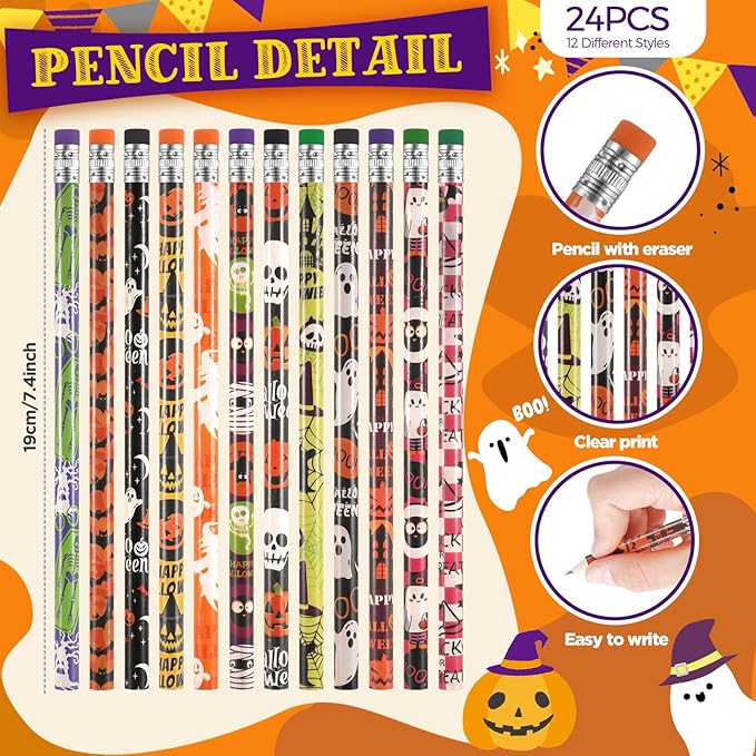 48 Pcs Halloween Pencils Halloween Rubber Bracelets Set Halloween Party Favors for Kids Ghost Pumpkin Skeleton Bat Spider Pencils Silicone Wristbands Trick or Treat Gifts Classroom Gifts for Students