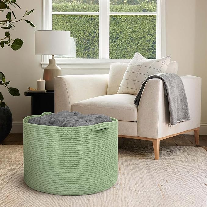 MEGASKET 115L Oversized Green Basket, 23.6"x15.7" Woven Cotton Rope Bin for Blankets, Nursery Wicker Laundry Hamper, Kids Toy Storage Bin, Sage Green Living Room Bedroom Decor Baskets for Organizing