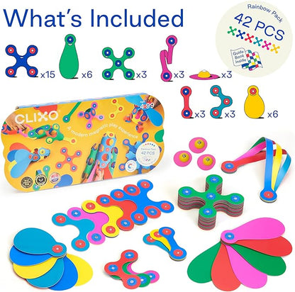 Clixo Rainbow 42 Piece Pack. Flexible Imagination Boosting Magnetic Building Toy. Modular Designs for Hours of STEM Play. Kids Basket Stuffer Gift. Multi-Sensory Magnet Toy, Travel Friendly. Ages 4-99