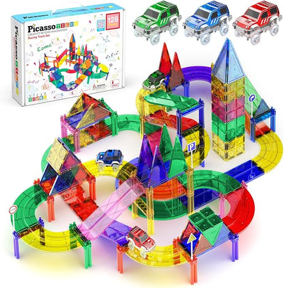 PicassoTiles 128 Piece Race Car Track Building Block Educational Toy Set Magnetic Tiles Magnet Playset 3 LED Car STEM Learning Construction Kit Hand-Eye Fine Motor Skill Training Brain Development