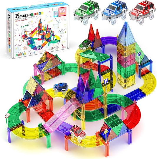 PicassoTiles 128 Piece Race Car Track Building Block Educational Toy Set Magnetic Tiles Magnet Playset 3 LED Car STEM Learning Construction Kit Hand-Eye Fine Motor Skill Training Brain Development